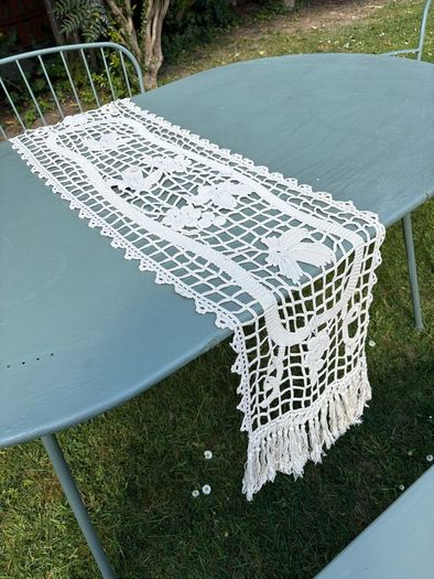 Vintage French Crochet Table Runner with fringe each end