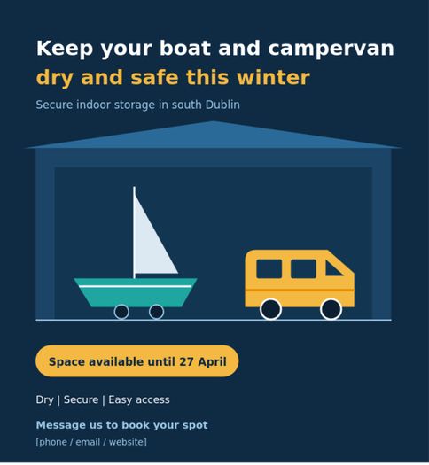 Secure indoor storage for boats and campervans in South Dublin