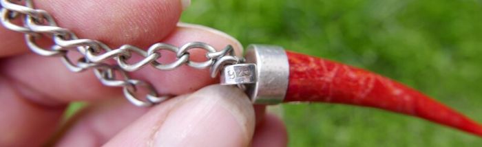 Vintage Red Fossilized Coral .925 Sterling Silver handcrafted Large Bali Bracelet and Red Coral Horn Pendant Necklace