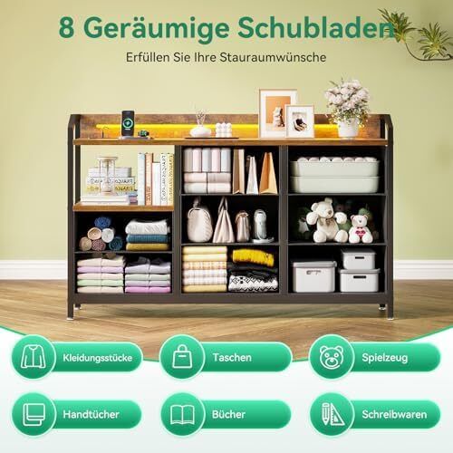 Chest of Drawers with Drawers, Drawer Cabinet with LED Light Strips with 10 Adjustable Colours and 2 USB and 2 AC