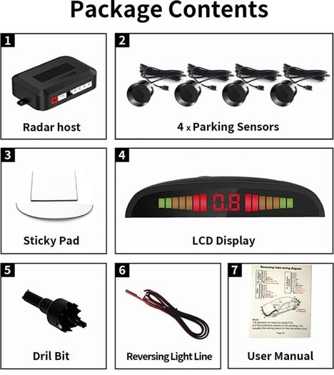 Car Auto Vehicle Reverse Backup System with 4 Parking Sensors Distance Detection Radar + LED Distance Display + Sound Warning - Black (FREE POSTAGE)