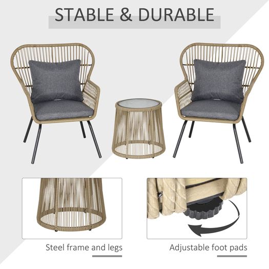 3 Piece Rattan Garden Furniture Set - Includes Cushions, Outdoor Conservatory Dining Set with 2 Chairs and Glass Coffee Table, Brown