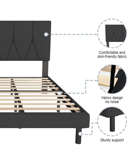 King Bed Frame, Black, Upholstered Wooden Slat Bed Frame with Headboard