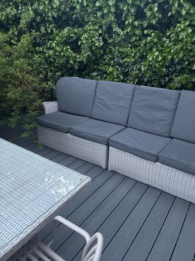 Huge Outdoor Living corner sofa and grey cushions .Please read
