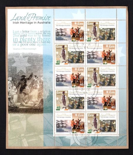 2001 Ireland Irish Heritage in Australia (Ned Kelly, Peter Lalor, Settlers, emigrants) Commemorative Stamp Sheetlet Fine Used with Dublin CDS cancel of 3rd May 2001(Frist day of issued) on envelope extract