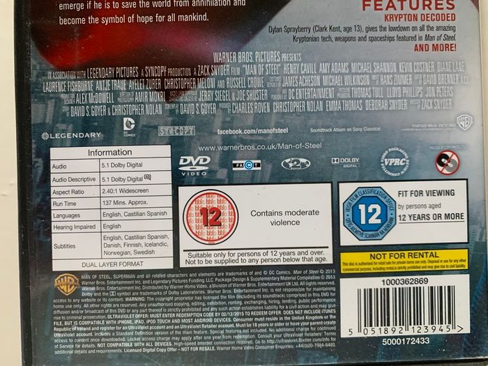 Superman: Man Of Steel (DC) [2013] (Zach Snyder Film) Henry Cavill, Amy Adams, Michael Shannon, Kevin Costner, Diane Lane, Laurence Fishburne & Russell Crowe [Movie DVD]