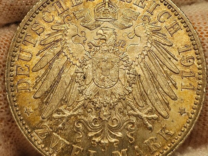 Germany  German States Bavaria Silver 1911 2 Mark Prince Regent Luitpold Beautiful Uncirculated Toned!