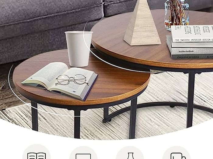 Round Coffee Table, Removable Set of 2 Side Table, Modern Nesting Table with Metal Frame Legs and Wooden Accent Top for Living Room, Bedroom, Office, Balcony, Industrial