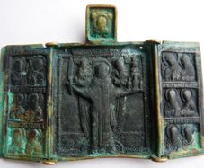 Antique Russian Orthodox Bronze Triptych Icon