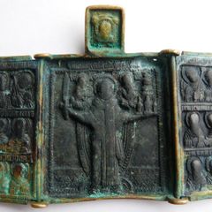 Antique Russian Orthodox Bronze Triptych Icon