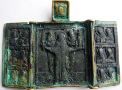 Antique Russian Orthodox Bronze Triptych Icon