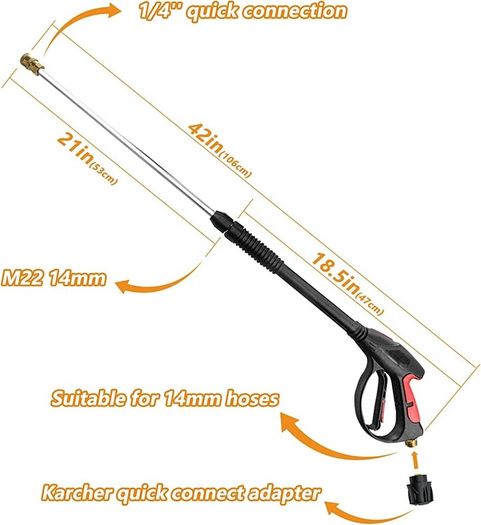 4000PSI Pressure Washer Long Gun,with Replacement Wand Extension, 5 Nozzle Tips, M22 14MM & Karcher Quick connector for Car Washer Cleaning Tool (FREE POSTAGE)