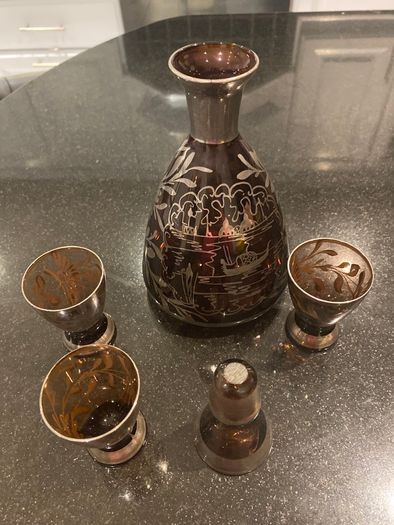 Amethyst Silver Decorated Decanter VINTAGE    With Three Matching Glasses
