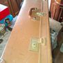 Vintage Hard Travel Suitcase, 1940s to 1950s, featuring a rigid textured brown exterior, metal corner guards, and a molded carry handle, Measurements are in the photo's, Postage Available or Collection Image 4