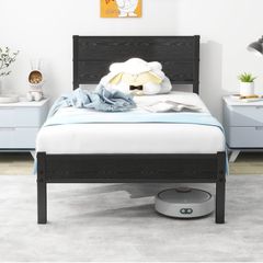 Single Bed Frame with Wooden Headboard and Footboard