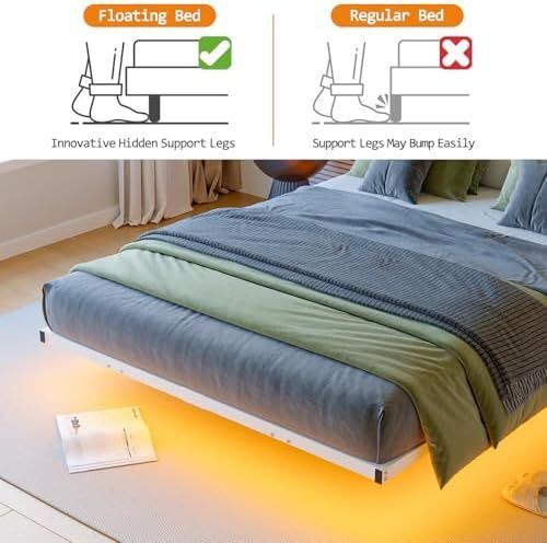 Floating Bed Frame with LED Lights and Charging Station
