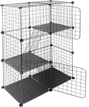 3 Tier Pet Playpen DIY Small Animal Cage Guinea Pig Rabbits Hamster Bunny Puppy Cat Metal Exercise Fence Enclosure Run Cage Metal with 3 Doors 2 Ladders 24 Panels Black 109 x 75 x 39 cm