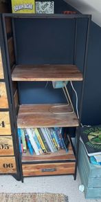 Oak and black metal frame bookshelf