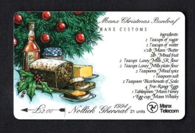 1994 Isle of Man UK2/ 20 units Manx Christmas Bunloaf Method (Siemens - S30 (Module 34)) Phone Card