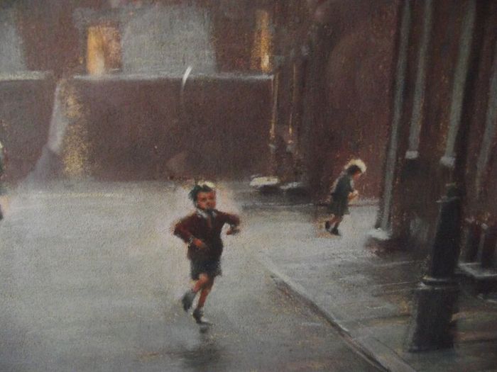 Marc Grimshaw - Original Pastel of - Children In A Rainy Street - Signed