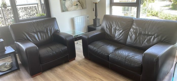 Brown leather, two seater sofa and chair