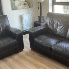 Brown leather, two seater sofa and chair
