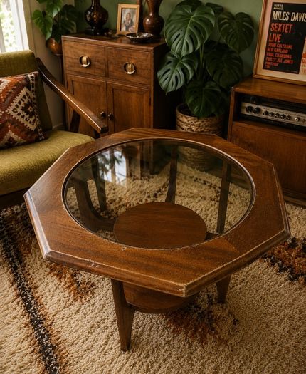 Mid Century Octagonal Coffee Table with Glass Top