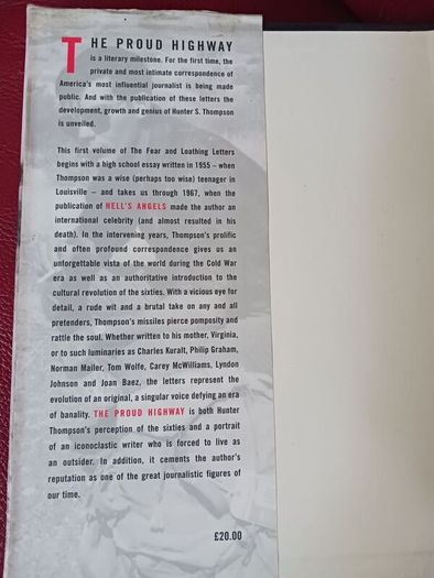 Hunter S Thompson/ The Proud Highway/ Fear & Loathing Letters,Vol. 1/ 1955- 1967/Bloomsbury/1997/ 1st edition