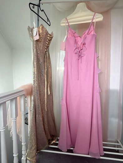 Peach Pink Ruffle Strap Long Gown