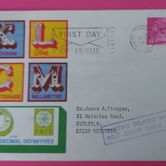 British Decimal Stamp 1974 1st Day Cover "Delayed by post office strike"