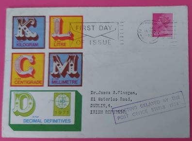 British Decimal Stamp 1974 1st Day Cover "Delayed by post office strike"