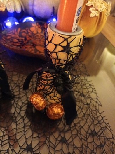 Halloween wooden candlesticks & candles x 2