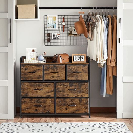 _Fabric Dresser, Storage Cabinet, with 7 Drawers, 3 Tiers, with Metal Handles, Industrial Style, Rustic Brown and Black