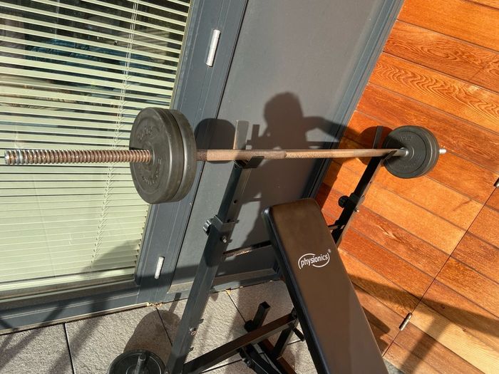 Physionics Adjustable Weight Bench + Barbell & Weights