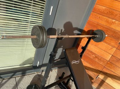 Physionics Adjustable Weight Bench + Barbell & Weights