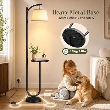 Floor Lamp with Shelf, 160cm, 3 Light Colours, E27 60W Vintage shelf lamp with 120 adjustable head, foot switch, linen shade, E27 up to 60W for home & office