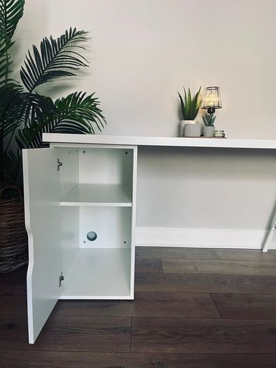 Modern IKEA Desk!!! Top: Light wood/oak effectBase: White storage cabinet + trestle leg.Style: Minimalist / Scandinavian.Perfect for home office or student room.Size L150cm ,W75cm