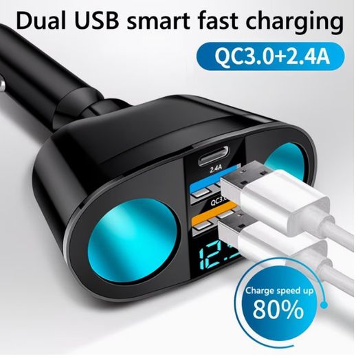 Car Cigarette Lighter Adapter, USB + Type-C Car Phone Charger Adapter,