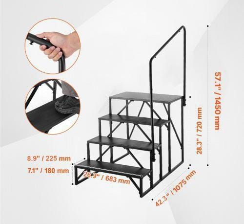 RV Steps, 4-Step RV Stairs, 440 LBS/199.6 kg Load Capacity, Thickened Carbon Steel, With Handrail, Non-Slip Steps for Safe Entry and Exit