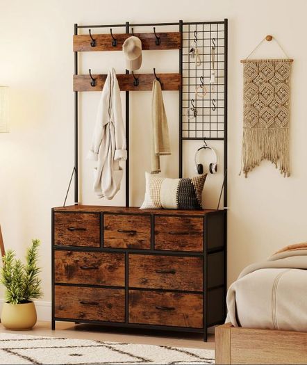 4-in-1 Entryway Unit, Coat Rack, Hallstand with 7 Fabric Drawers and 14 Hooks, 100 x 30 x 183 cm, Rustic Brown