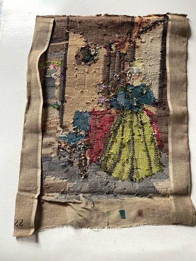Vintage Penelope / Needlepoint Tapestry Design No. 3922) depicting a interior genre scene of a woman in a blue bodice and yellow skirt arranging flowers by a table.
