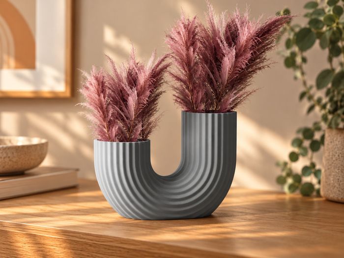 3D Printed U-Shaped Vase, Ash Grey, Modern and Minimalist Ribbed Home Decor