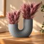3D Printed U-Shaped Vase, Ash Grey, Modern and Minimalist Ribbed Home Decor Image 3