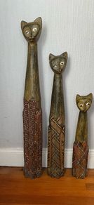 Set of 3 Hand Carved Wooden Cat Statues