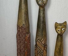 Set of 3 Hand Carved Wooden Cat Statues