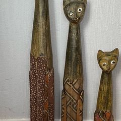 Set of 3 Hand Carved Wooden Cat Statues