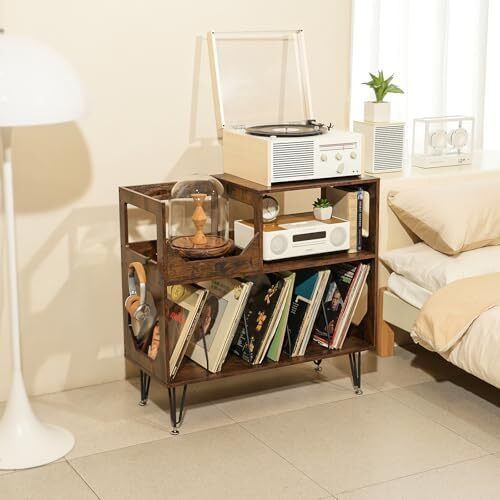Large Rustic Record Player Stand, 2 Tier Record Player Table with Vinyl Record Storage 370 Albums