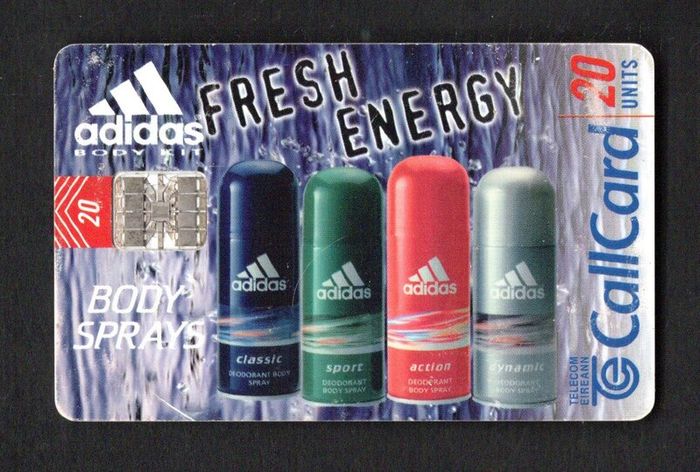 1998 Ireland 20 unit Adidas body sprays for both men and women (Schlumberger SC7) Call Card Used