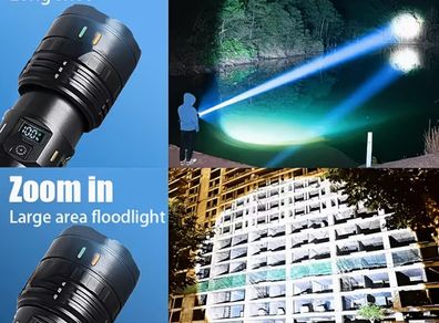 Super Bright LED Retractable Strong Light Flashlight, Outdoor Mountaineering Super Bright with Shoulder Strap Flashlight, with Digital Power Display,