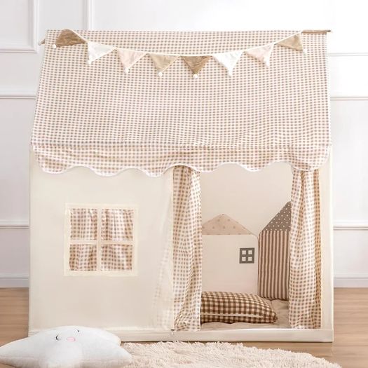 Kids Tent Playhouse with Star Lights and Tote Bags, Kids Play Tent Indoor & Outdoor, Washable Teepee Tent for Boys & Girls, Toy House for Toddler, Neutral Color Play Room Furniture (Beige-1)